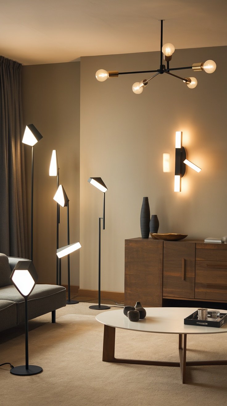 A modern living room featuring innovative lighting solutions including stylish ceiling and floor lamps.