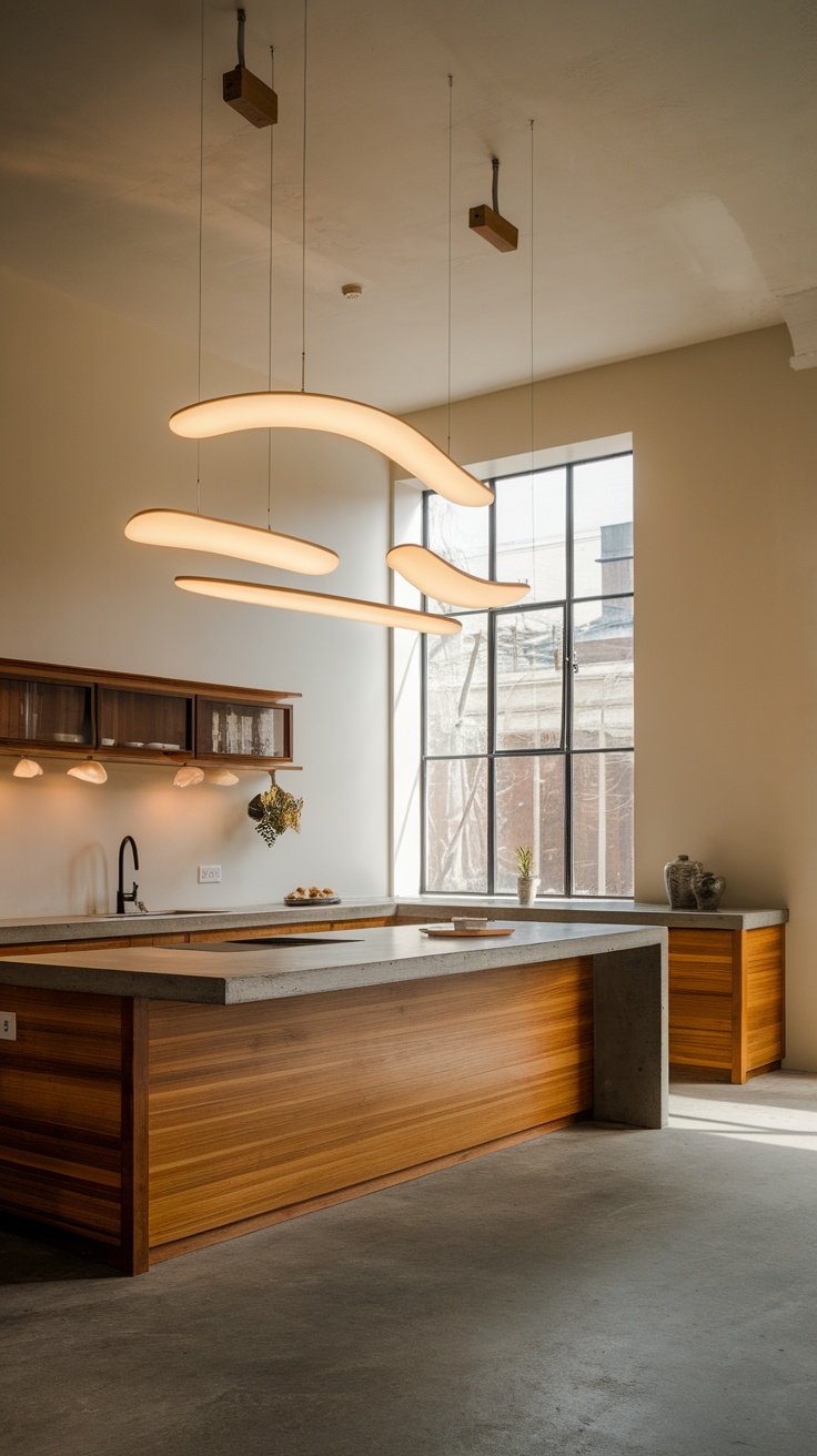 Modern kitchen with curved hanging lights and wooden cabinetry