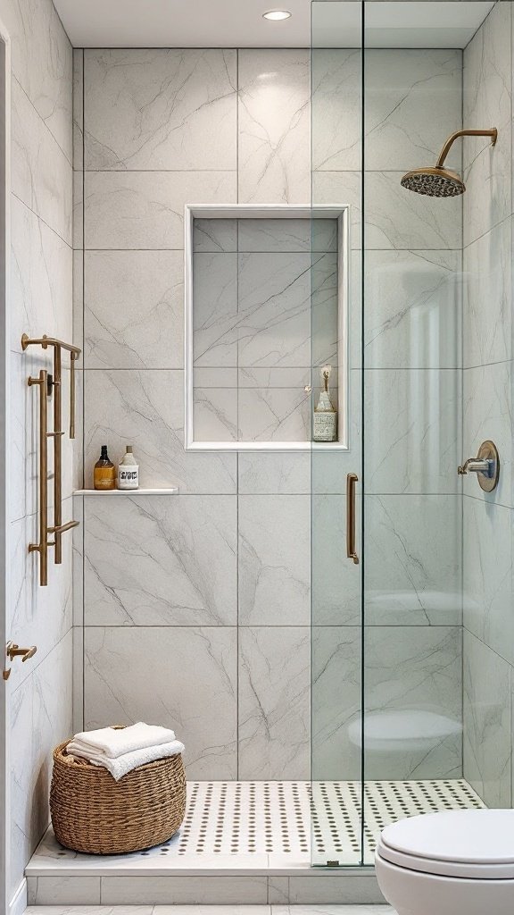 A beautifully designed shower niche with a marble finish and a bowl, complemented by a minimalist sink and white tiled walls.