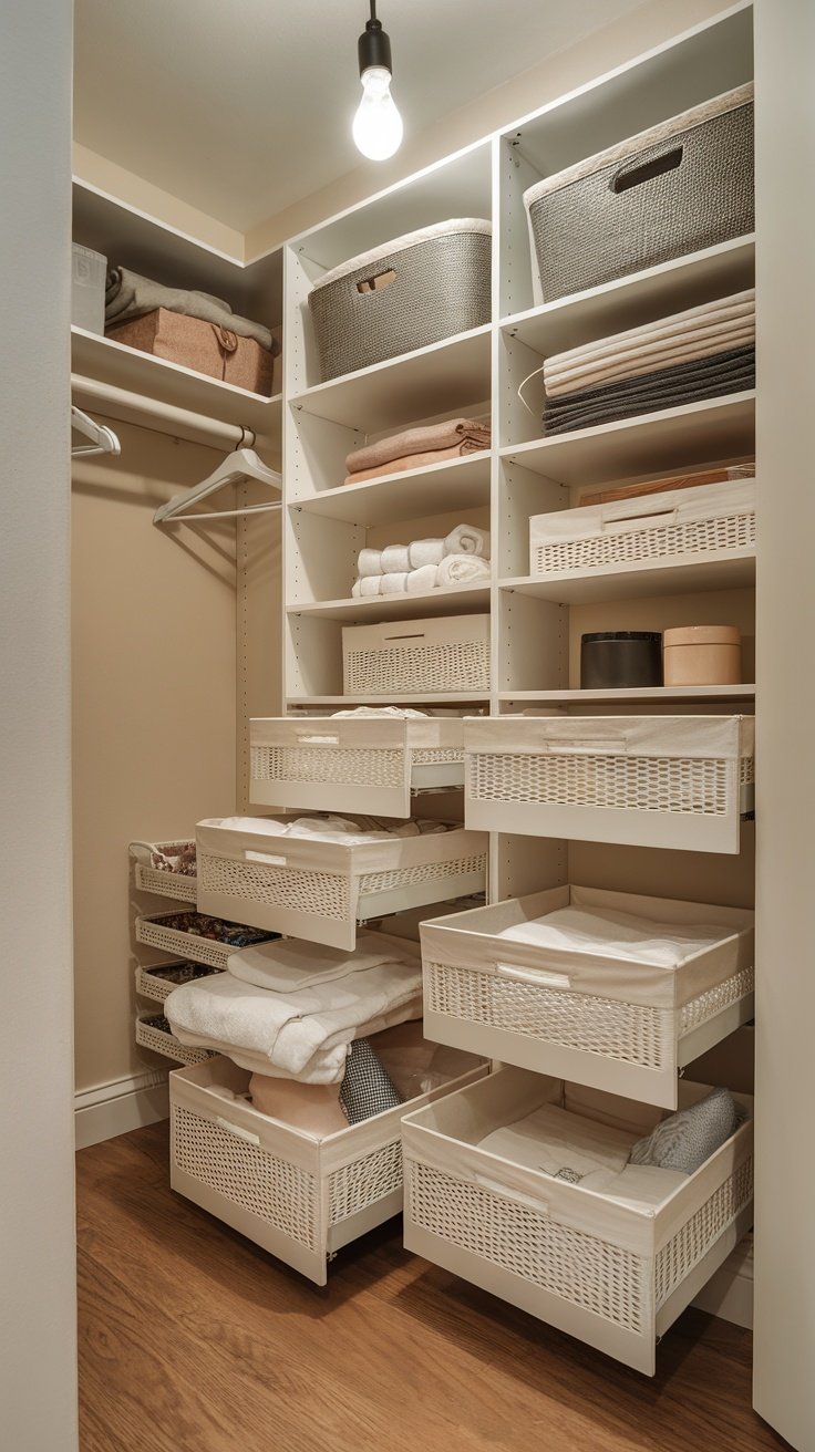 Organized closet with pull-out baskets and neatly arranged towels.