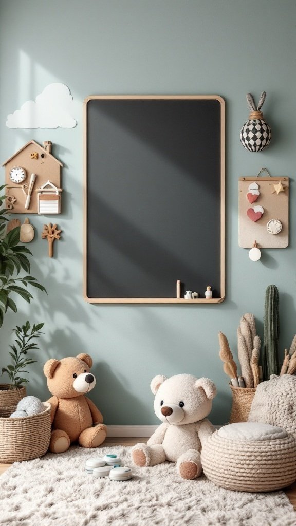 A gender-neutral nursery with interactive wall features, including a chalkboard, wooden decorations, and teddy bears.