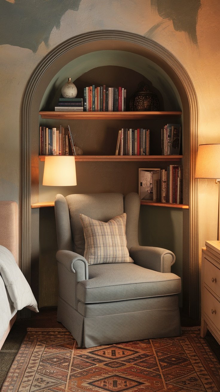 Cozy reading nook with a comfortable chair, bookshelves, and soft lighting in a bedroom