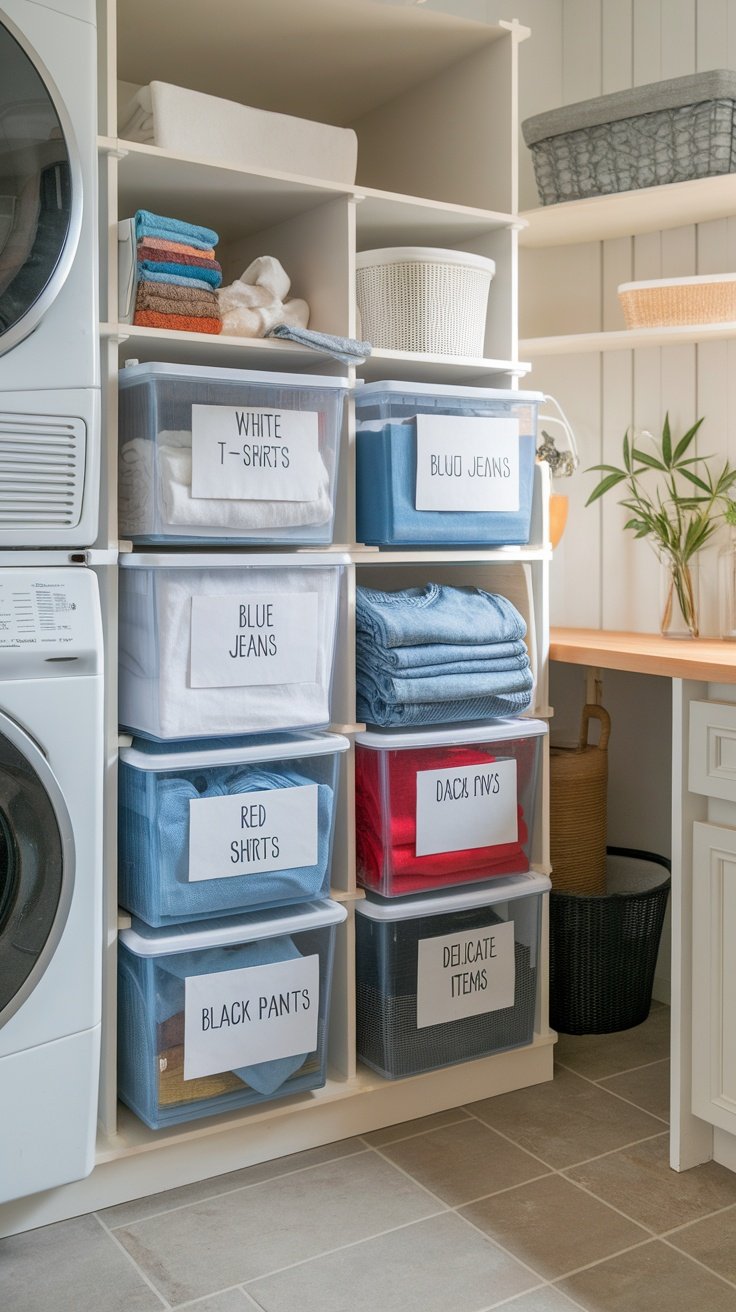 Organized laundry room shelf with labeled containers