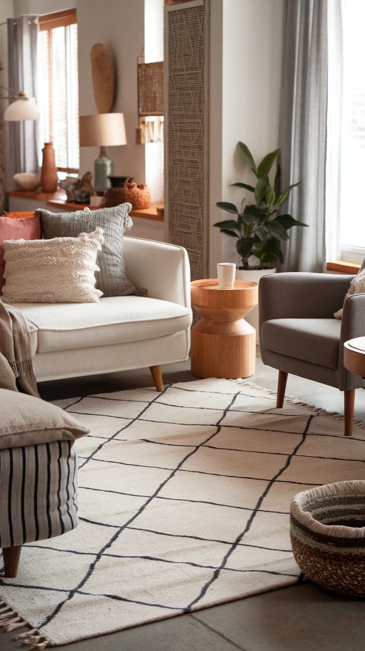 Modern living room with layered textures including cushions, a rug, and wooden furniture.