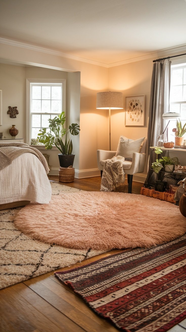 A cozy bedroom with layered rugs, featuring a plush round rug, a patterned area rug, and a rich textured design, creating a warm and inviting atmosphere.