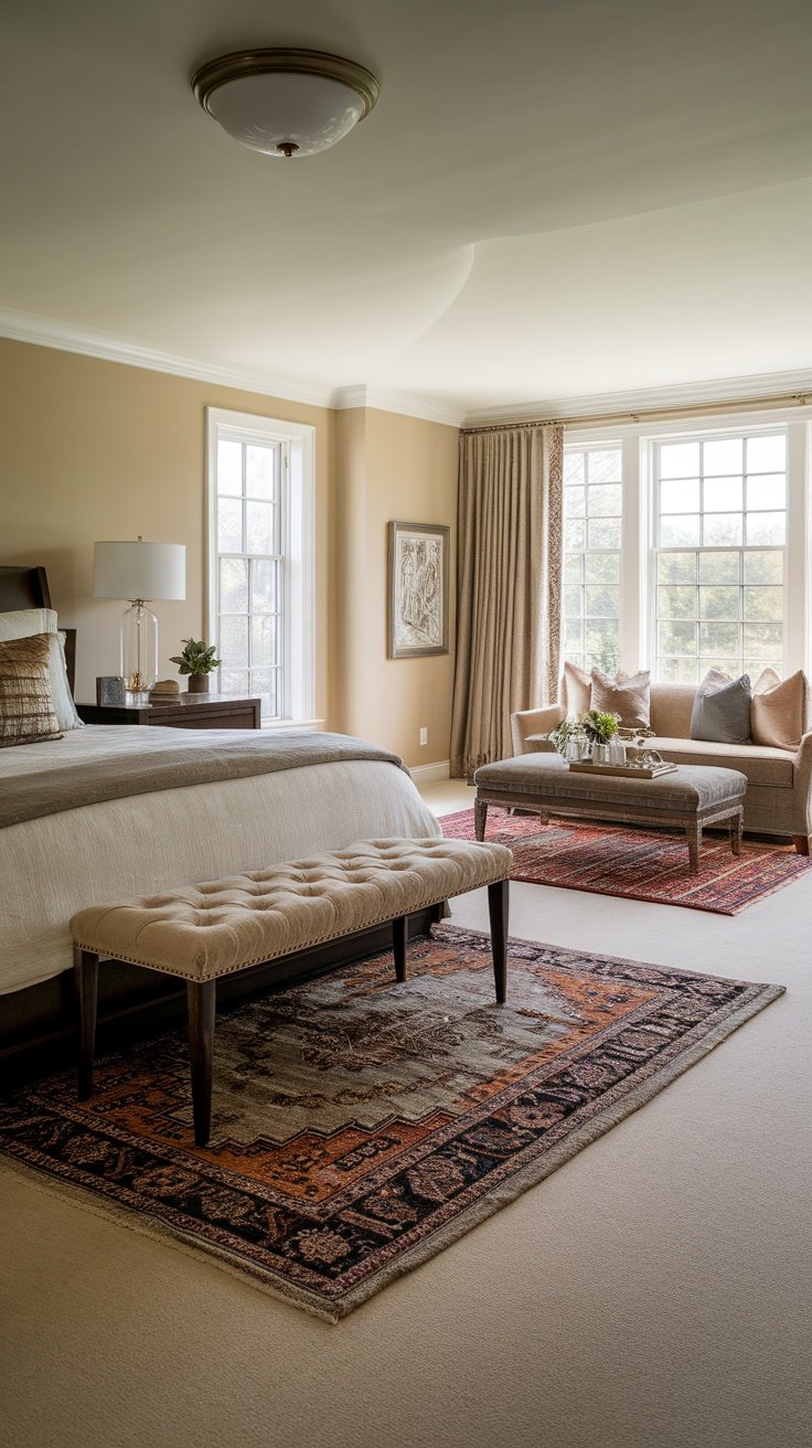 A bedroom featuring two layered rugs, a bed with neutral bedding, and a cozy seating area by the windows.