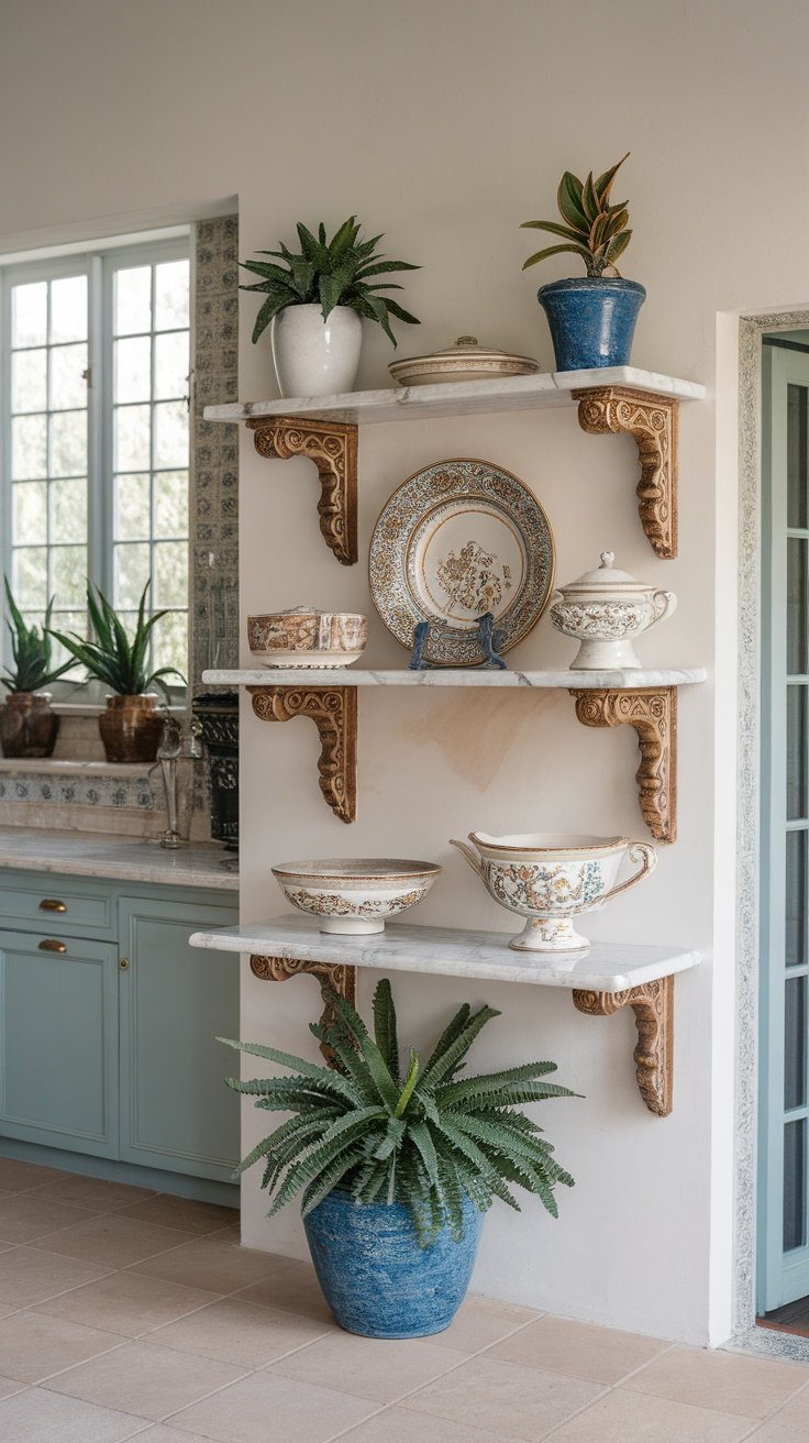 Open shelving in a kitchen with marble accents, featuring decorative tableware and potted plants.