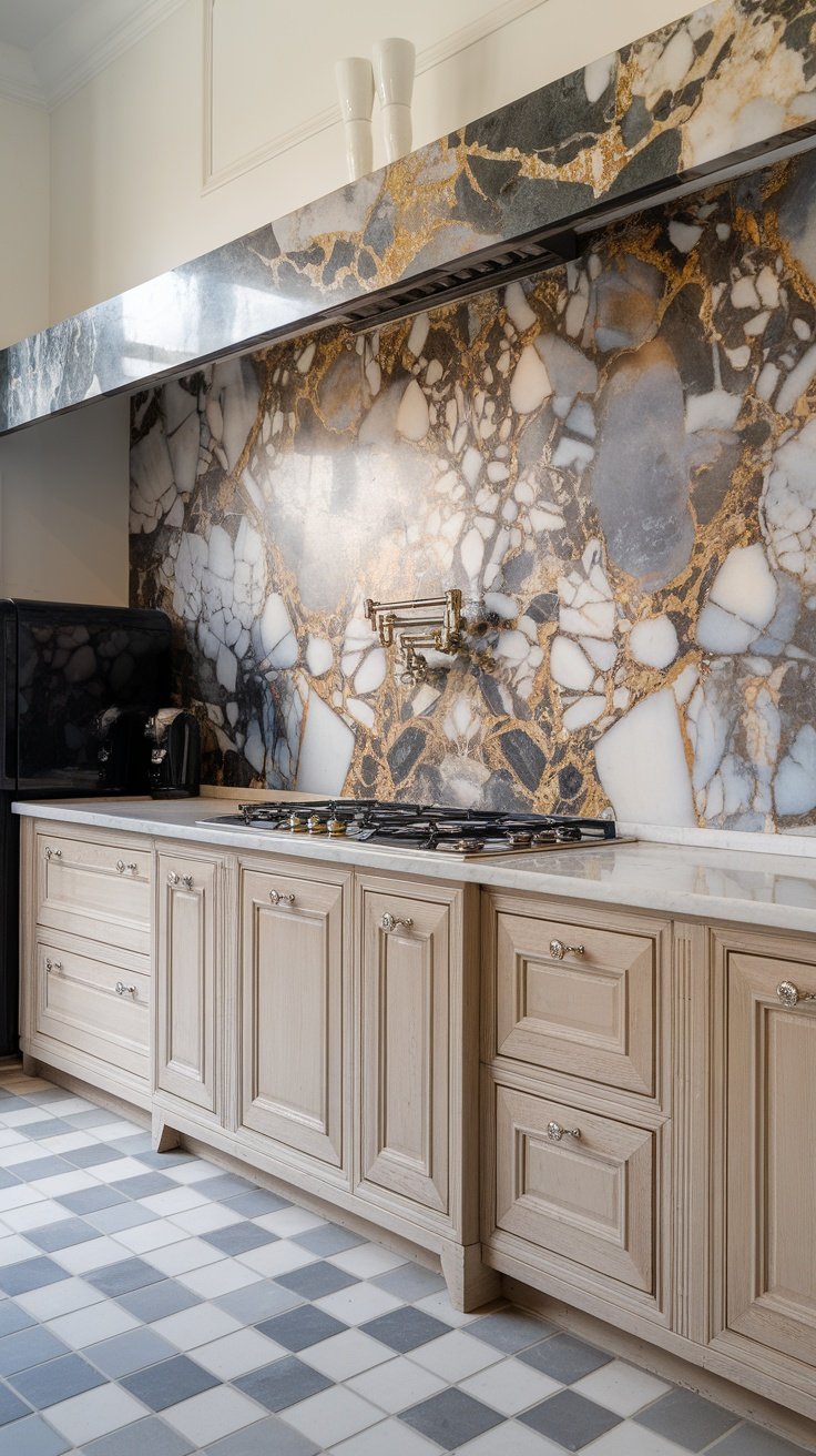 A modern kitchen featuring a marble backsplash with gray and white patterns, accented with gold veins, alongside wooden cabinets.