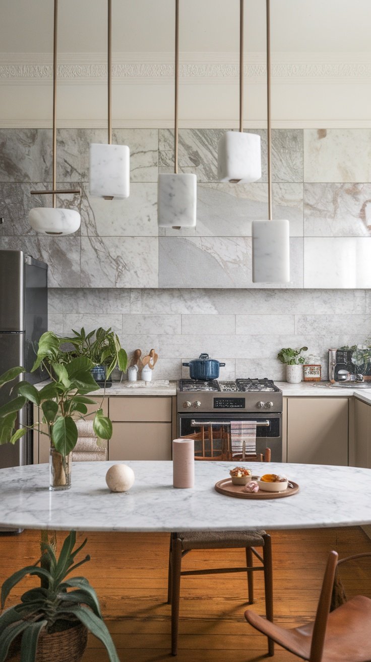 A modern kitchen featuring marble light fixtures hanging above a marble table.