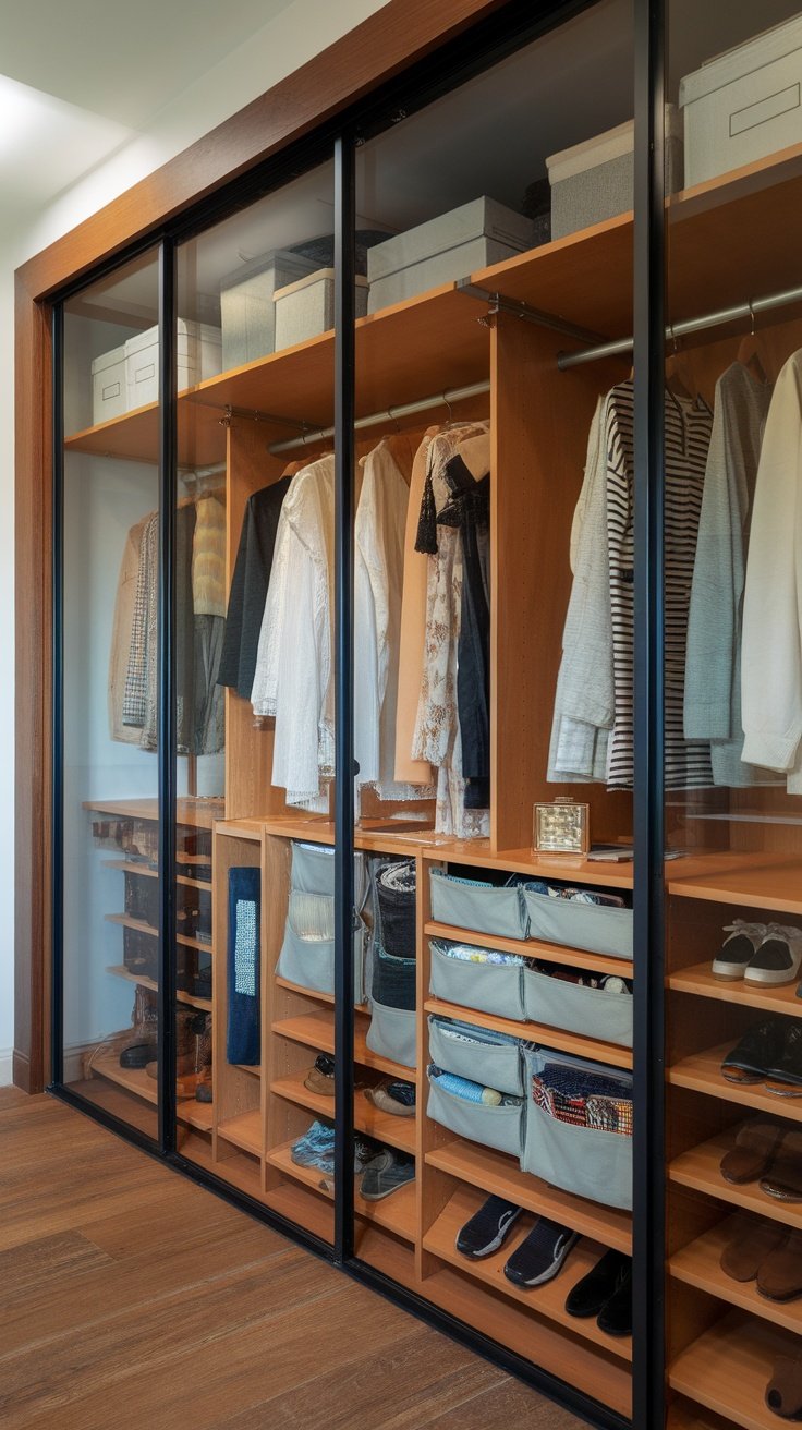 A modern closet with glass sliding doors, featuring organized clothing, bins, and shoe storage.