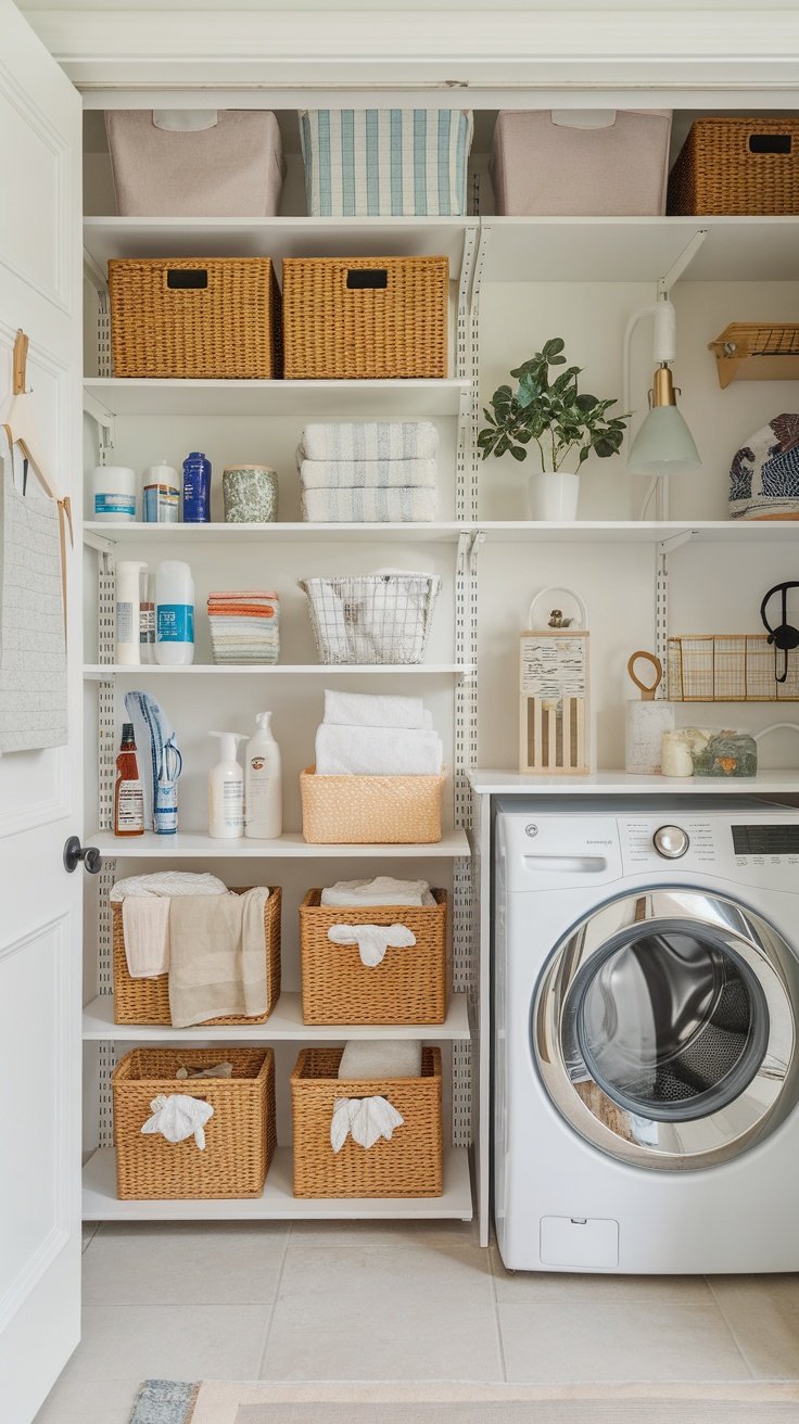 A well-organized laundry room showcasing vertical storage solutions with shelves filled with baskets and cleaning supplies.