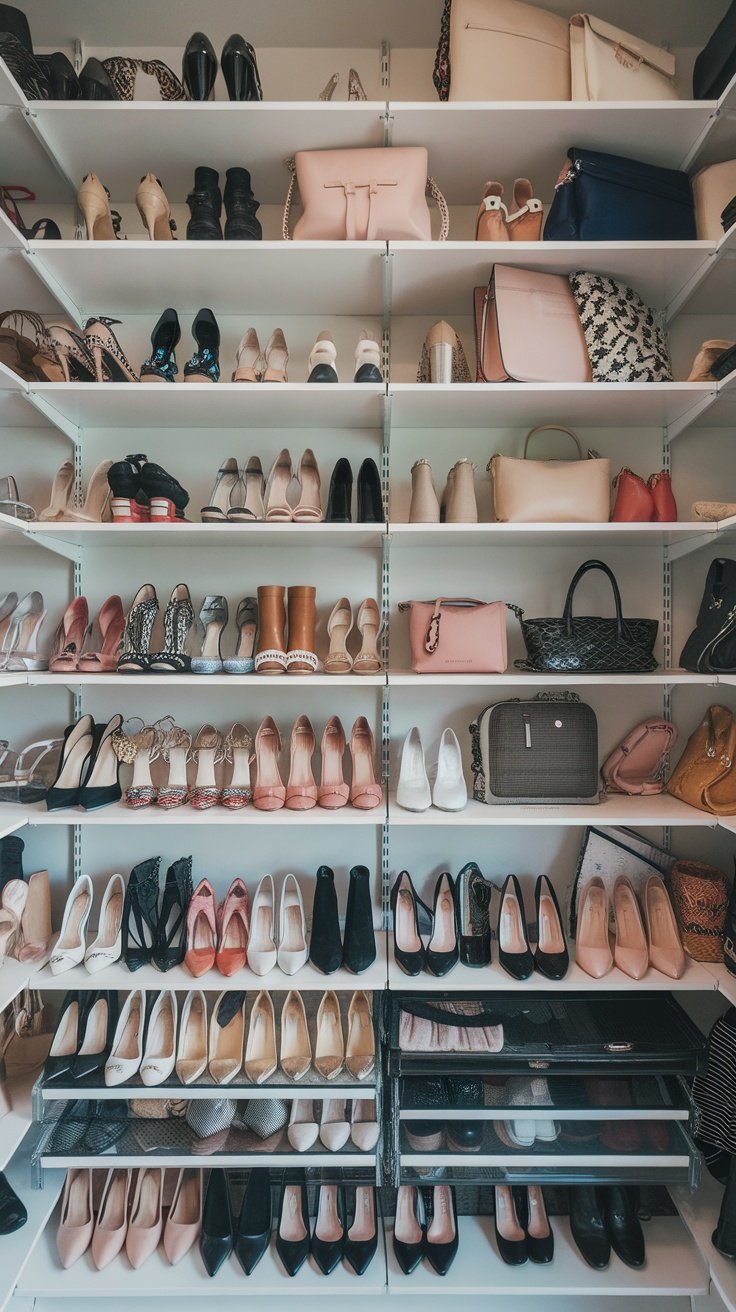 An organized closet with multiple shelves displaying various shoes and bags.