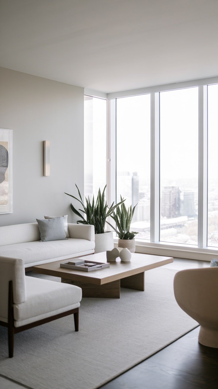 A modern minimalist living room featuring a beige sofa, natural wood coffee table, and indoor plants by large windows.