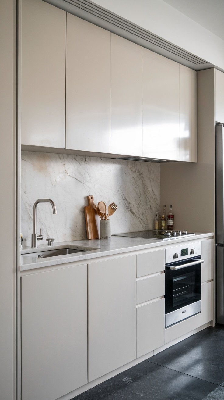 A minimalist kitchen featuring marble backsplash, sleek cabinetry, and wooden utensils.