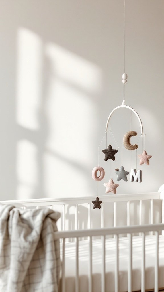 A simple mobile with stars and letters hanging above a crib in a gender-neutral nursery.