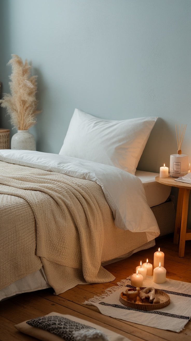 Cozy bedroom with soft bedding and lit candles creating a warm atmosphere.