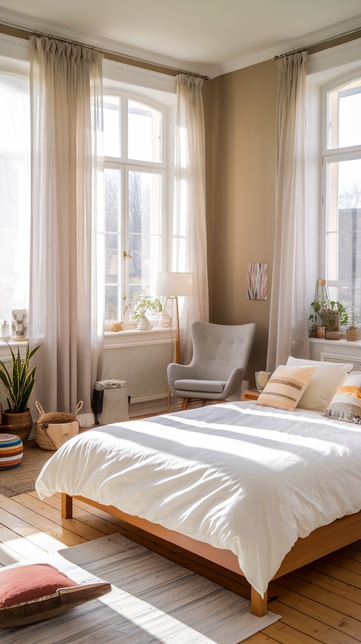 Cozy bedroom with natural light, large windows, and soft curtains