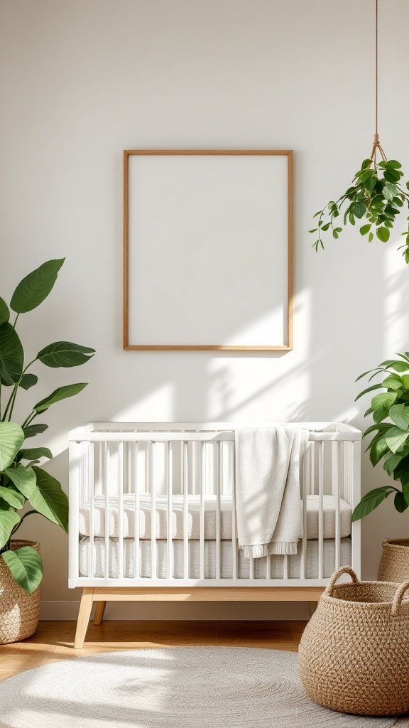 A bright and airy gender-neutral nursery featuring a white crib, lush green plants, and woven baskets on a wooden floor.