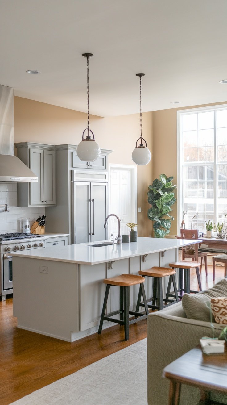 Modern kitchen with open concept layout, featuring an island, bar stools, and natural light.