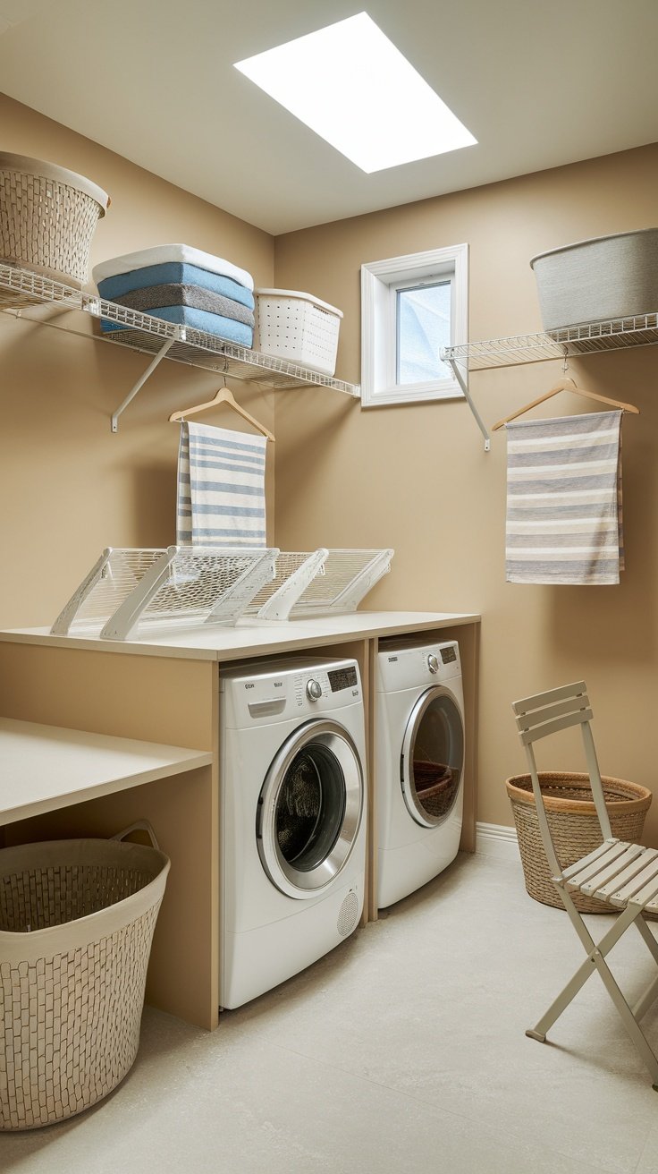 Organized laundry room with washing machines, dryer, stainless steel table, and open shelving.