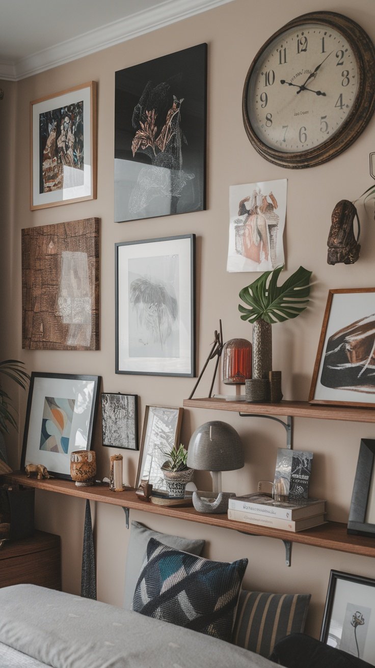 A cozy bedroom with a variety of framed artwork on the wall and decorative items on a shelf.