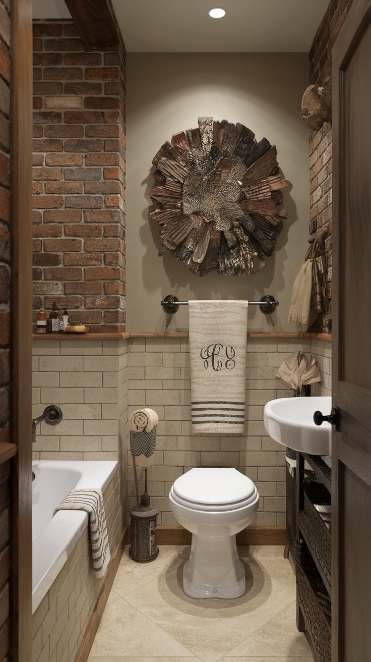 A cozy small bathroom featuring brick walls, rustic wall art, and personalized towels.