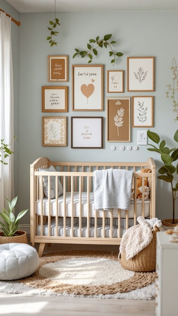 A cozy gender-neutral nursery with a wooden crib, beautiful wall art, and plants.