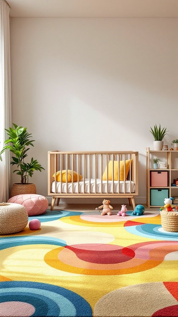 A colorful and playful rug in a gender-neutral nursery with a crib and toys.