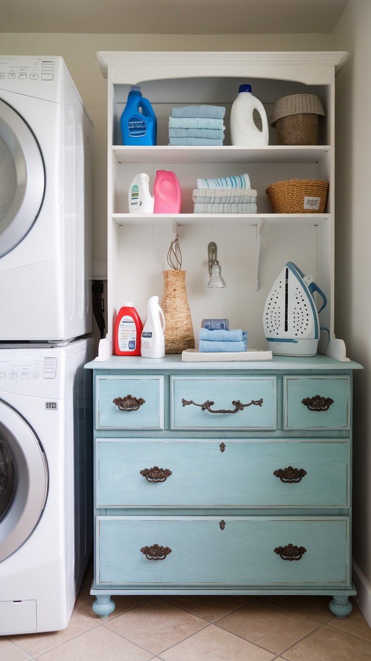 A laundry room with a vintage blue dresser for storage, featuring shelves filled with laundry supplies