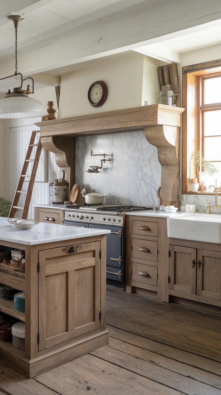 A rustic kitchen featuring a marble backsplash, wooden cabinets, and vintage elements.