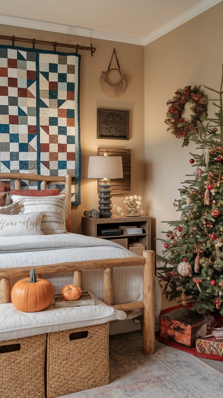 Cozy bedroom featuring a patchwork quilt, decorative pillows, a small Christmas tree, and seasonal decor items.