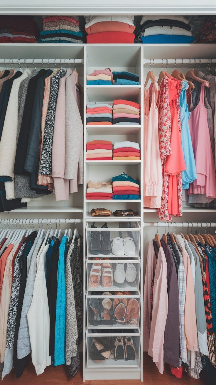 A well-organized closet with neatly folded sweaters, hanging dresses, and clear bins for shoes.