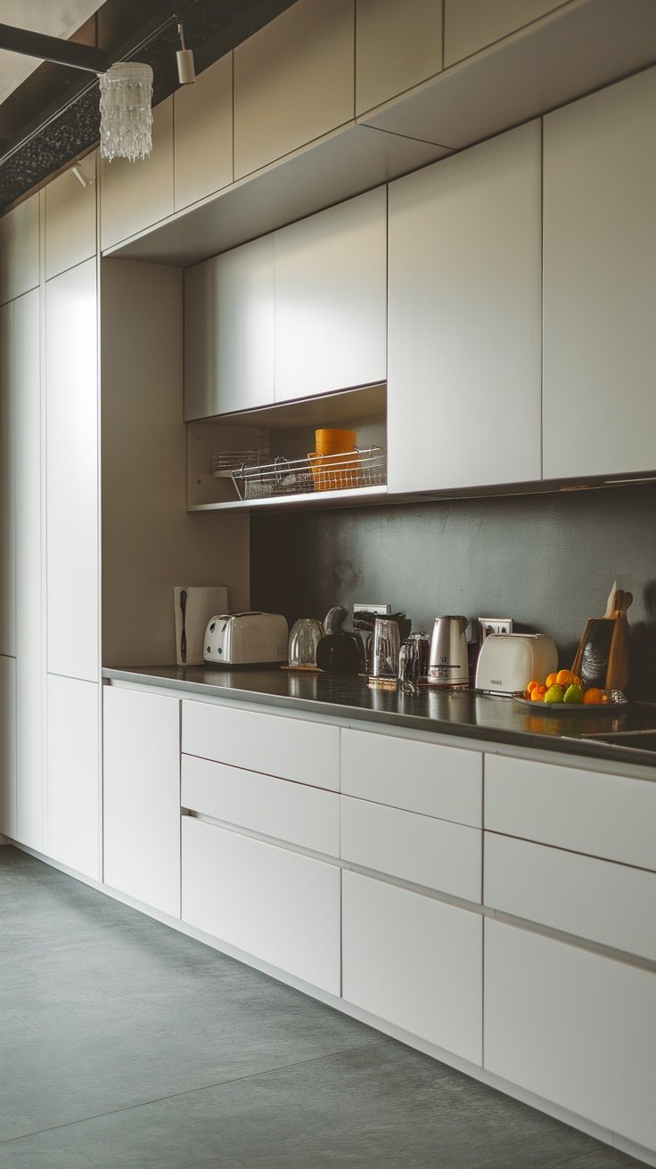 A modern kitchen with sleek white cabinetry and organized appliances on the countertop.