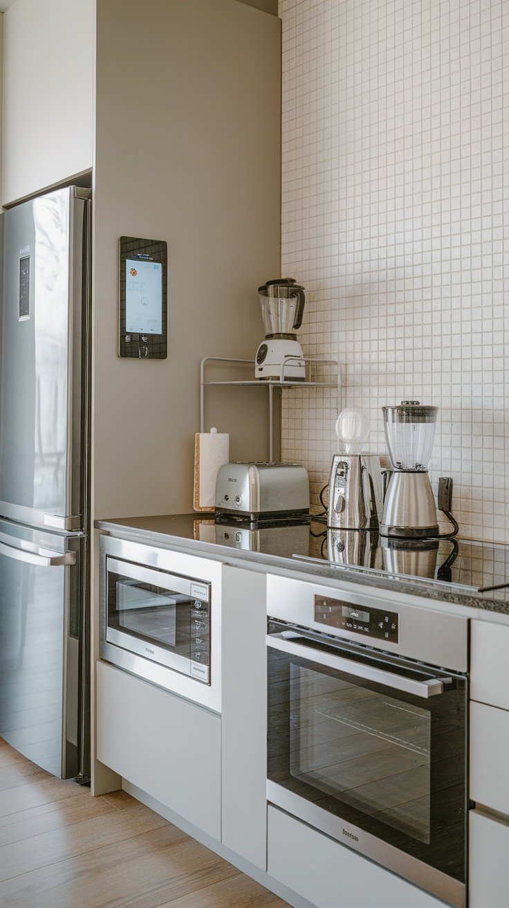 A modern kitchen featuring stainless steel appliances, including a microwave, oven, and refrigerator, with wooden cabinets and a sleek countertop.