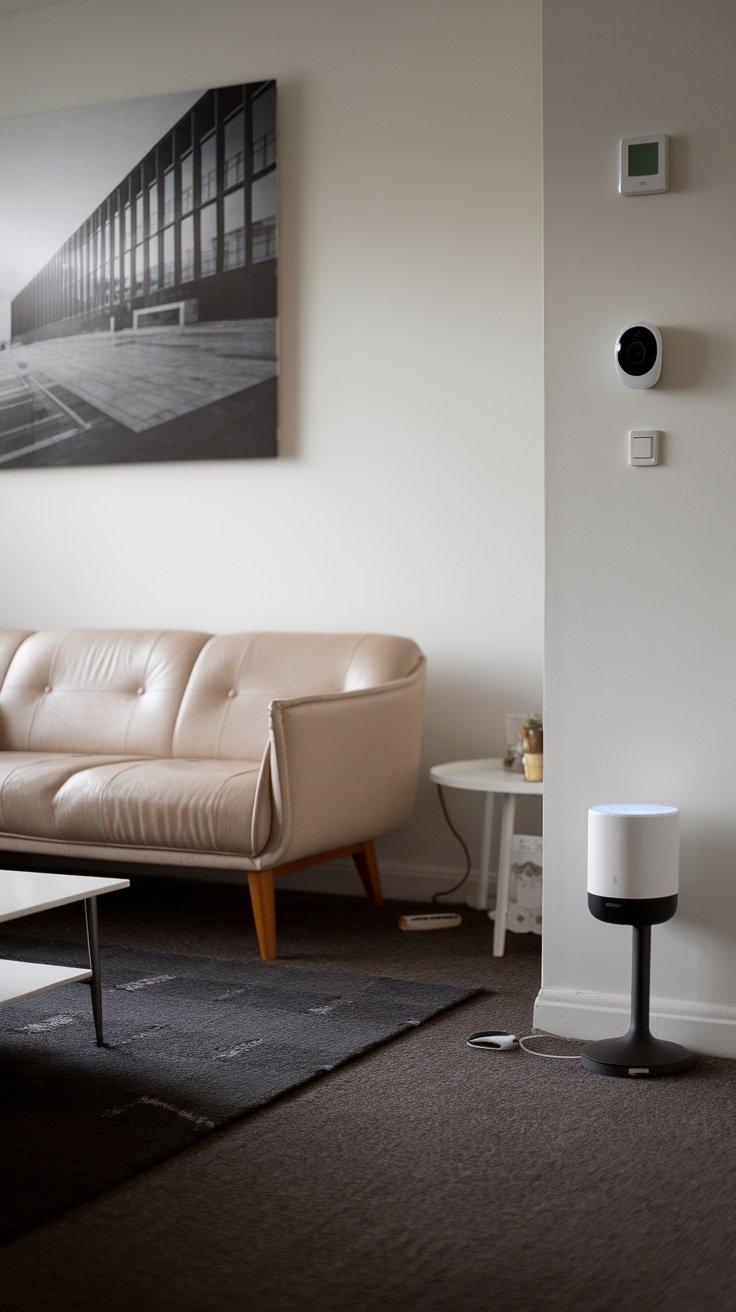 A modern living room featuring a beige sofa, smart devices, and a black rug.