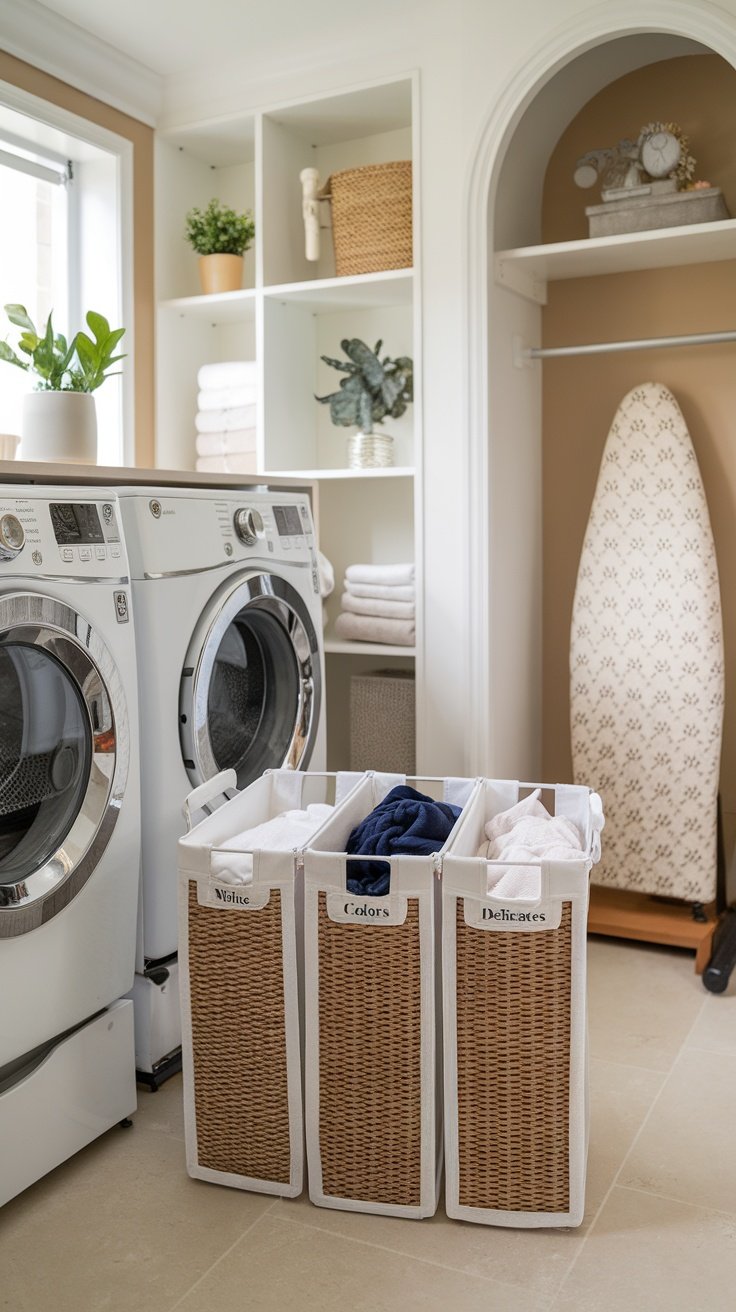 Organized laundry room with three compartment baskets labeled for whites, colors, and delicates