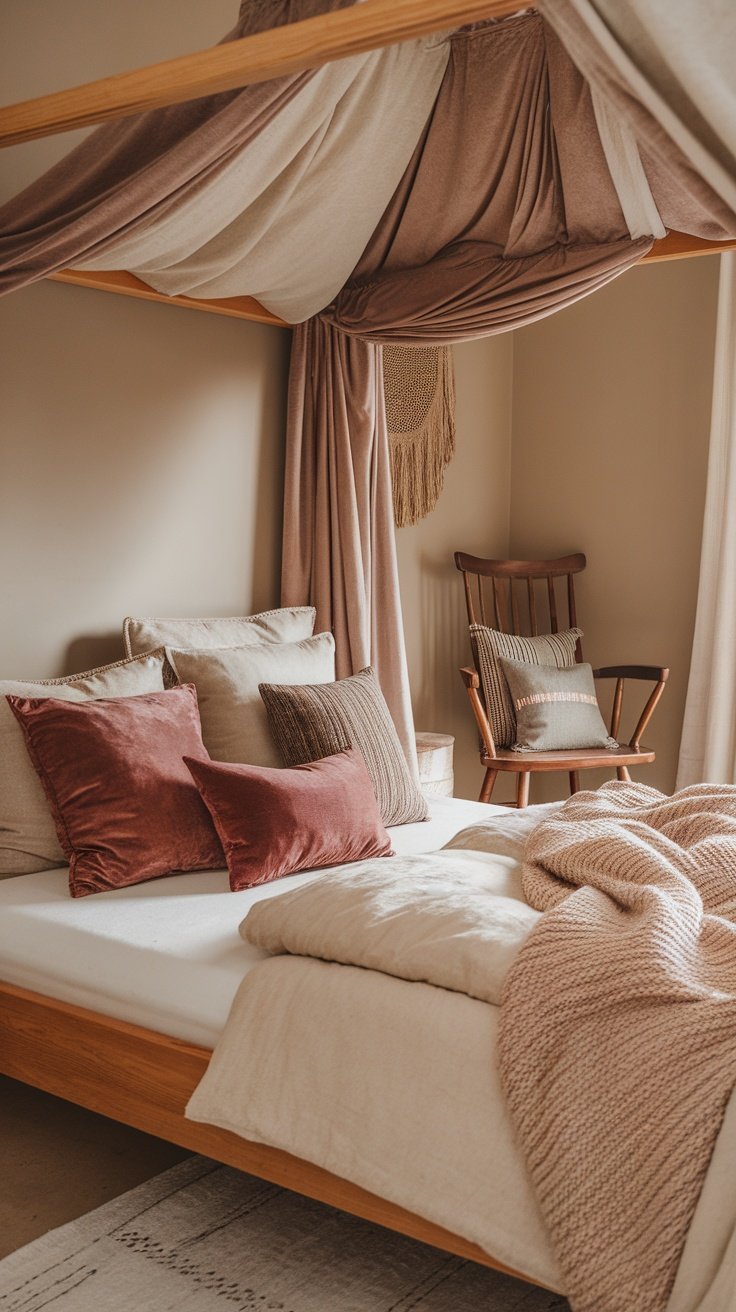 Cozy bedroom featuring soft textiles, cushions, and a warm color palette