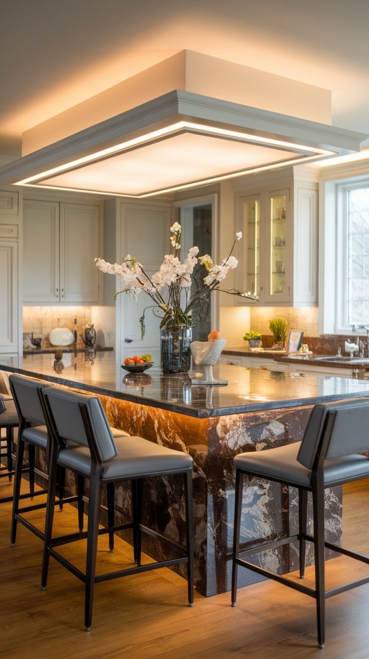 A luxurious kitchen featuring a sophisticated marble island with bar stools and floral decor