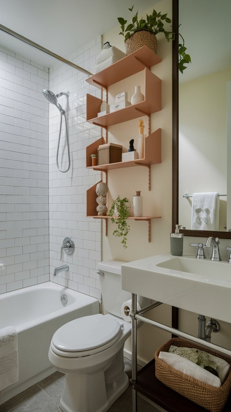 Small bathroom with space-saving shelving above bathtub, featuring decorative items and plants.