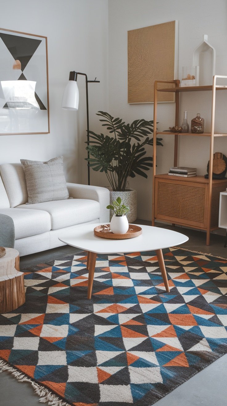 Modern living room with a colorful geometric rug, a neutral sofa, and stylish decor