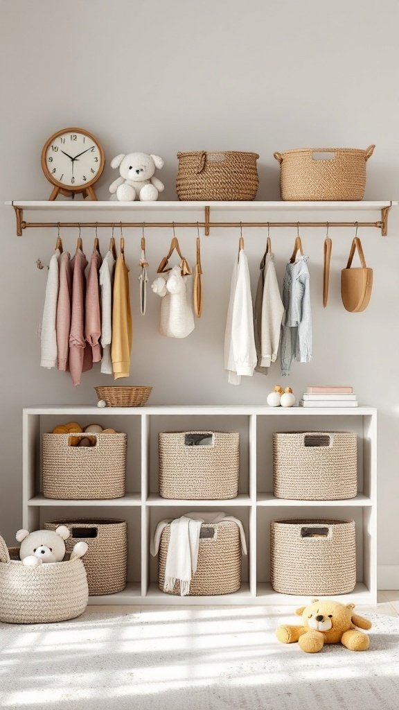 Stylish storage solution for a gender-neutral nursery with hanging clothes and woven baskets.