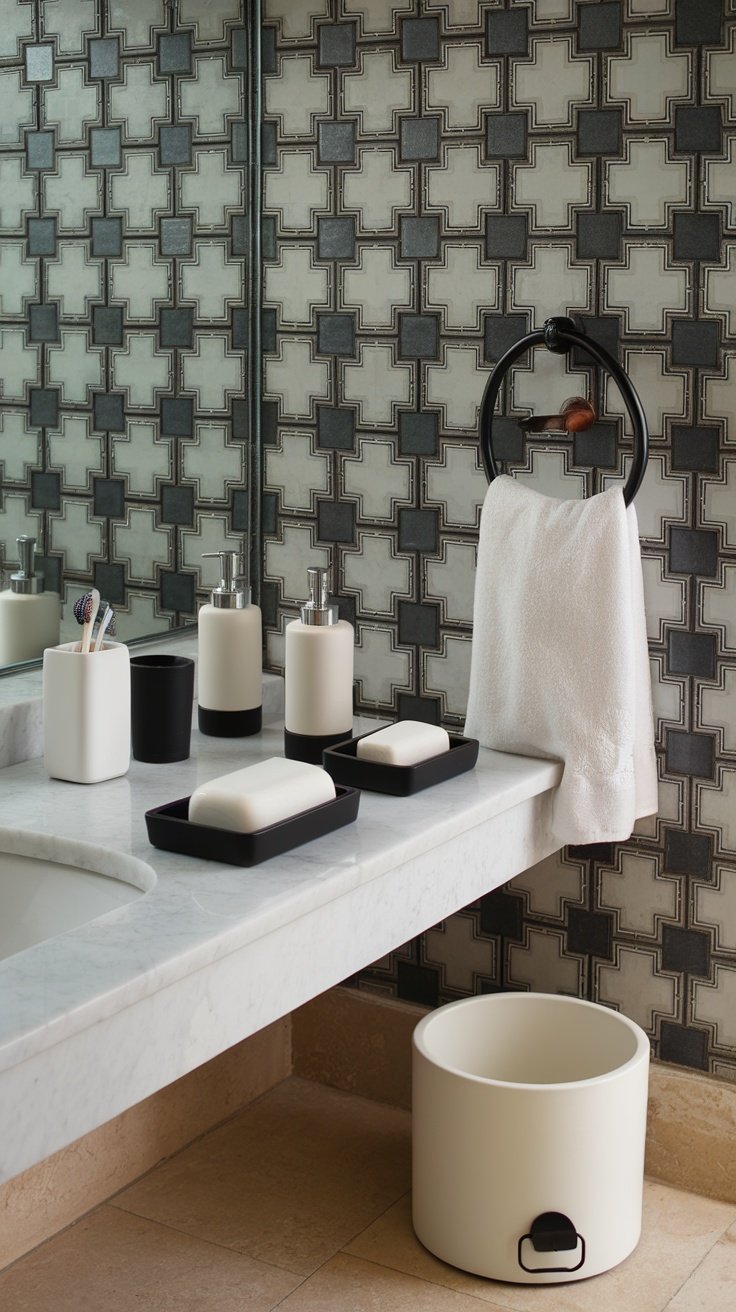 Stylish bathroom accessories including towels, a toothbrush holder, a soap dispenser, and a candle on a marble countertop