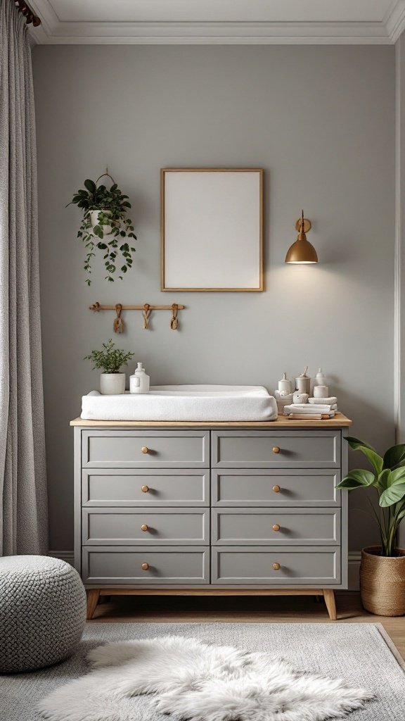 Stylish gray changing station with white changing pad and decorative elements in a nursery