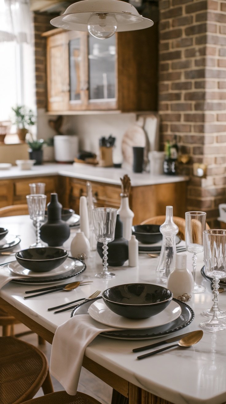 A stylish table setting featuring marble tableware, black bowls, white plates, and elegant glassware.