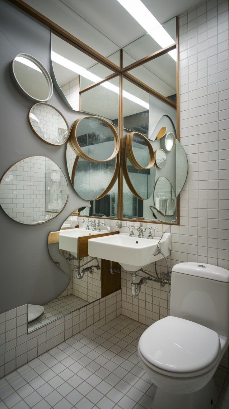 An artistic arrangement of various shaped mirrors in a small bathroom.