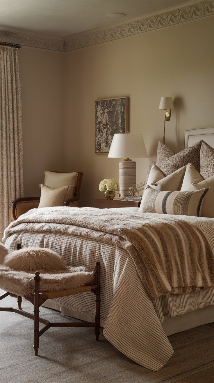 A cozy bedroom featuring textured bedding with a mix of fabrics in soft beige and brown tones, complemented by accent pillows and a stylish bench.