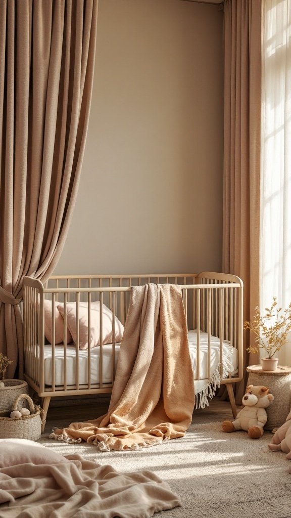 A cozy gender-neutral nursery featuring a crib with soft fabrics, warm curtains, and a plush rug.