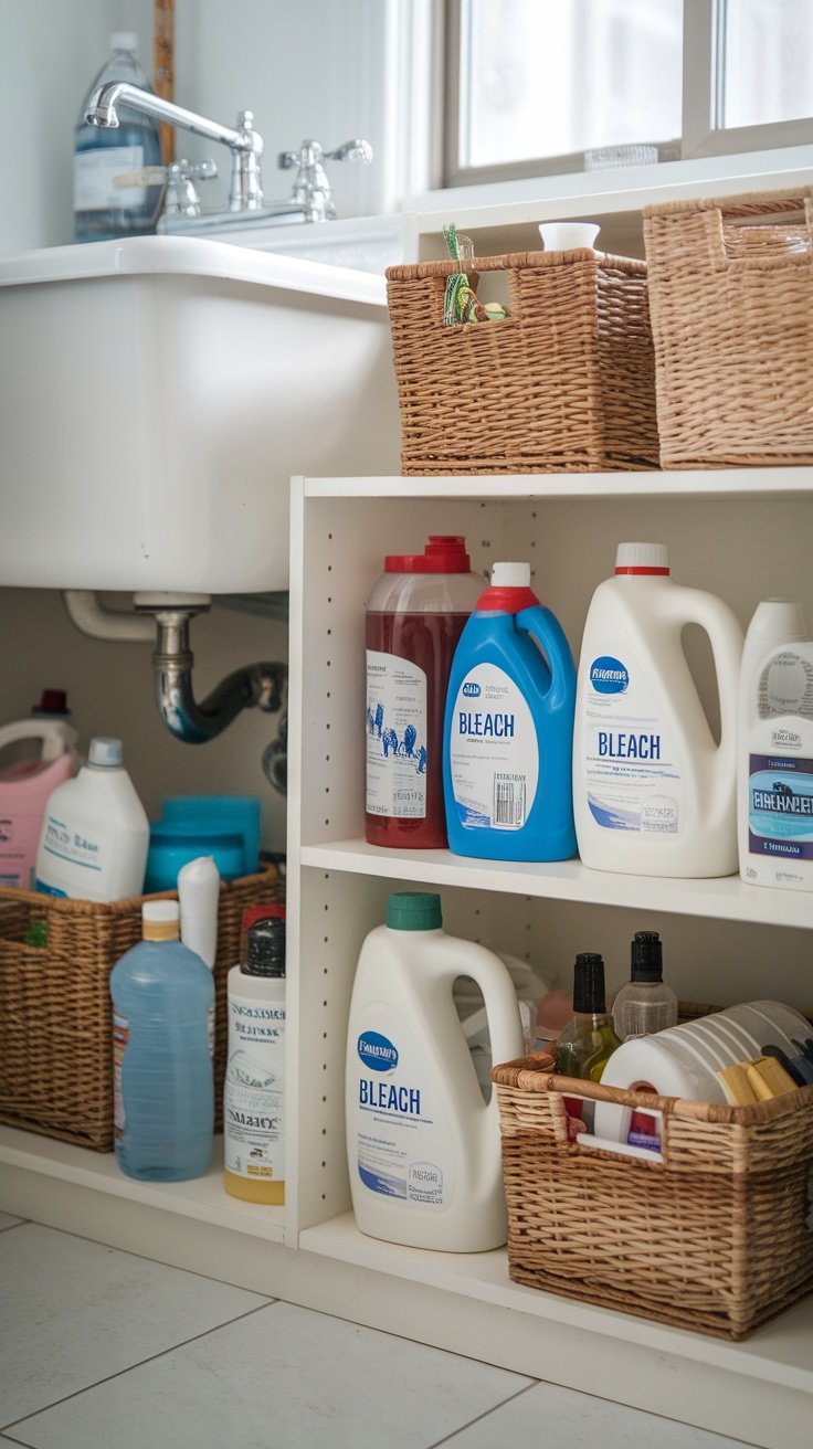 Organized under-sink storage with cleaning supplies and woven baskets