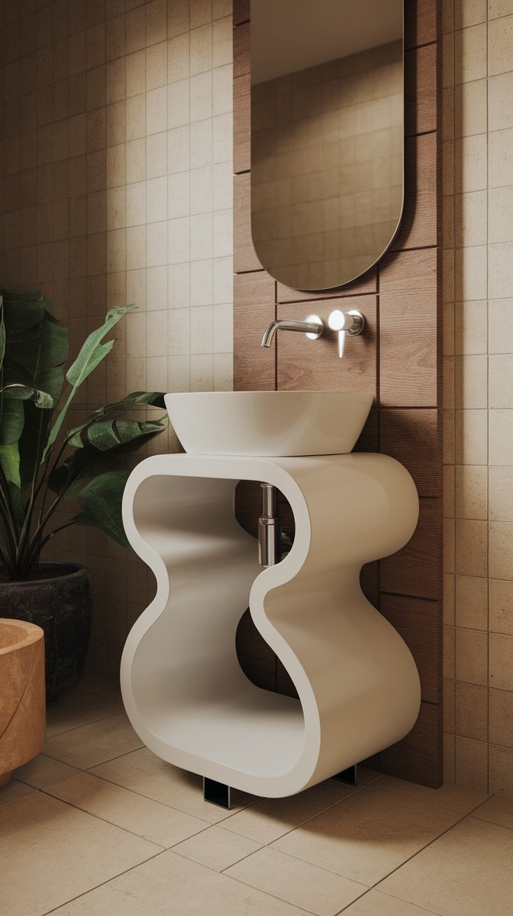 A modern sink with a unique design, featuring rounded edges and a sleek finish, set in a stylish bathroom with wooden walls and plants.