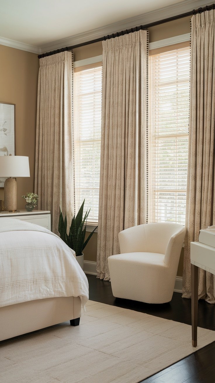 A stylish bedroom featuring light-colored curtains and blinds, enhancing natural light control.